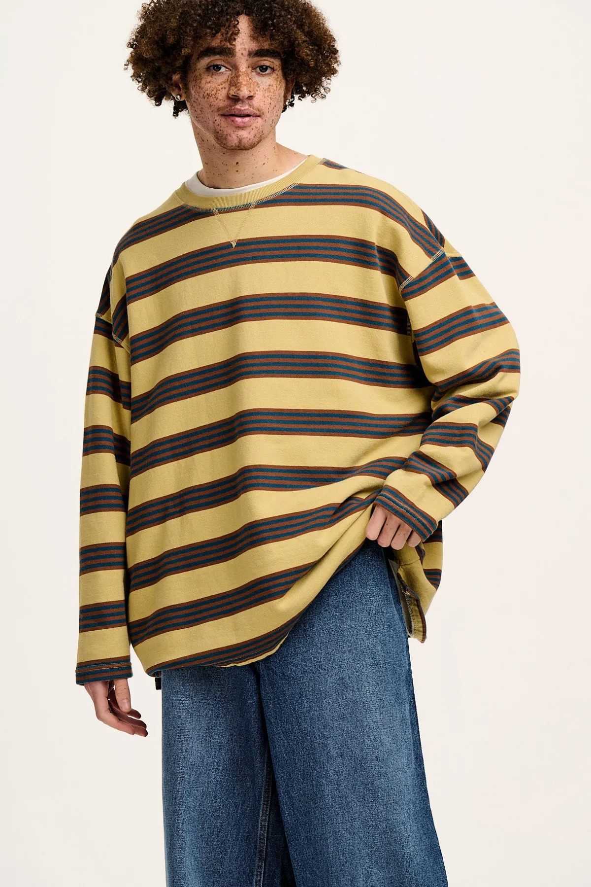 New Kai - Midweight Cosy Loop Back Cotton Sweatshirt in Brown & Blue Skater Stripe All Tops & Tees|Sweaters & Hoodies