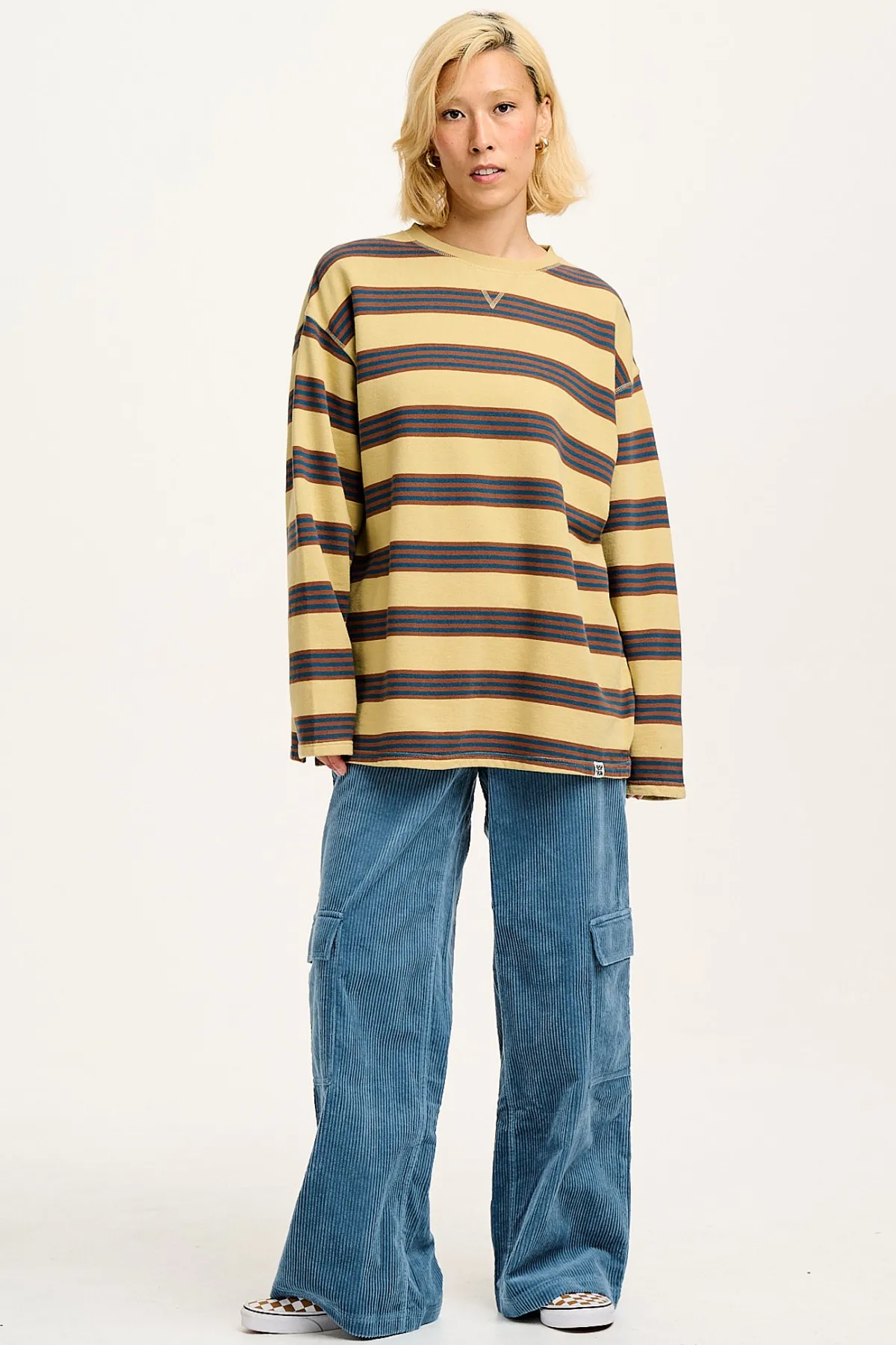 New Kai - Midweight Cosy Loop Back Cotton Sweatshirt in Brown & Blue Skater Stripe All Tops & Tees|Sweaters & Hoodies