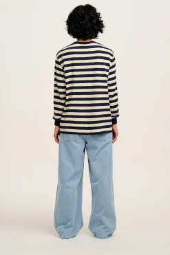 Online Kenny - Long Sleeve Skater Cotton Tee in Navy & Ecru Stripe All Tops & Tees|Long Sleeve Tops