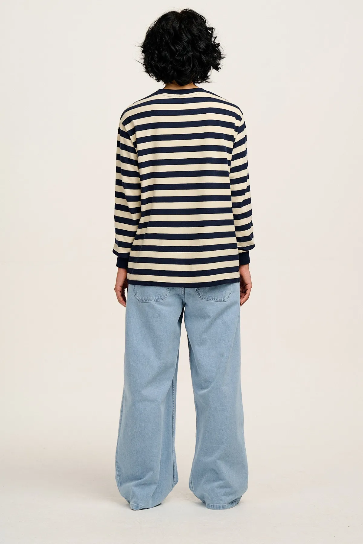 Online Kenny - Long Sleeve Skater Cotton Tee in Navy & Ecru Stripe All Tops & Tees|Long Sleeve Tops