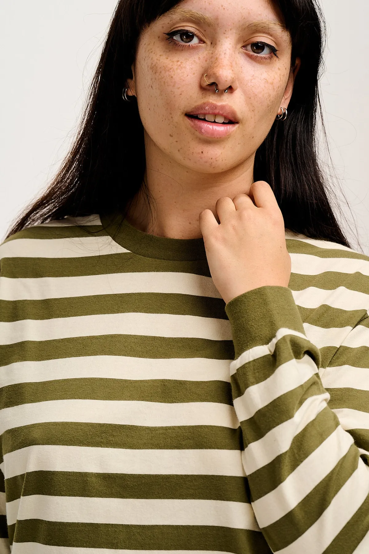 Sale Kenny - Long Sleeve Skater Cotton Tee in Green & Ecru Stripe All Tops & Tees|Long Sleeve Tops