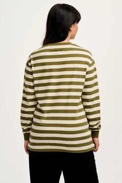 Sale Kenny - Long Sleeve Skater Cotton Tee in Green & Ecru Stripe All Tops & Tees|Long Sleeve Tops