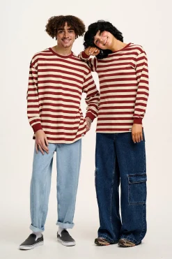 Online Kenny - Long Sleeve Skater Cotton Tee in Maroon & Ecru Stripe All Tops & Tees|Long Sleeve Tops