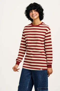 Online Kenny - Long Sleeve Skater Cotton Tee in Maroon & Ecru Stripe All Tops & Tees|Long Sleeve Tops