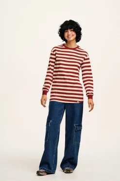 Online Kenny - Long Sleeve Skater Cotton Tee in Maroon & Ecru Stripe All Tops & Tees|Long Sleeve Tops