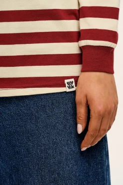 Online Kenny - Long Sleeve Skater Cotton Tee in Maroon & Ecru Stripe All Tops & Tees|Long Sleeve Tops