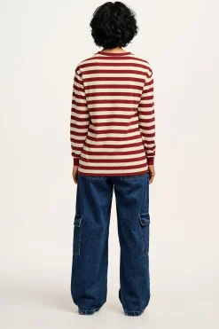 Online Kenny - Long Sleeve Skater Cotton Tee in Maroon & Ecru Stripe All Tops & Tees|Long Sleeve Tops