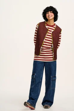 Online Kenny - Long Sleeve Skater Cotton Tee in Maroon & Ecru Stripe All Tops & Tees|Long Sleeve Tops