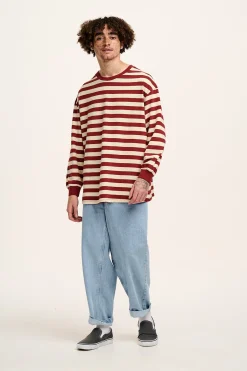 Online Kenny - Long Sleeve Skater Cotton Tee in Maroon & Ecru Stripe All Tops & Tees|Long Sleeve Tops