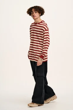 Online Kenny - Long Sleeve Skater Cotton Tee in Maroon & Ecru Stripe All Tops & Tees|Long Sleeve Tops