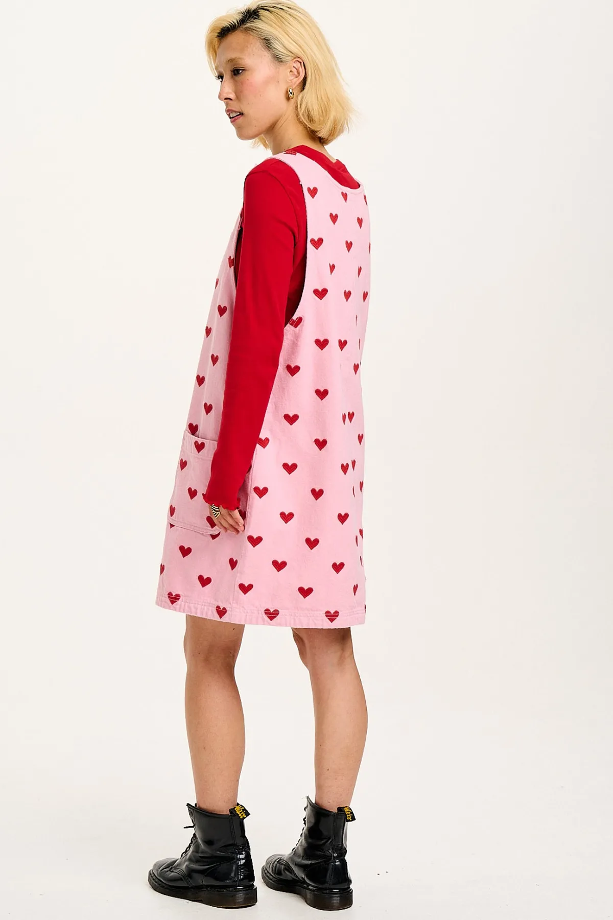 Clearance Layla - Mini Denim Dress in Pink Heart Juliet Print All Dresses & Skirts
