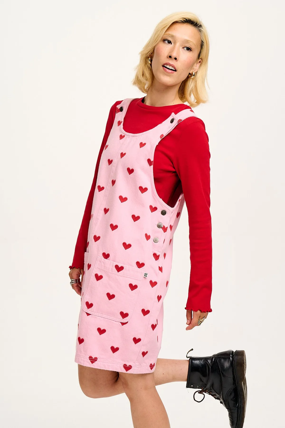 Clearance Layla - Mini Denim Dress in Pink Heart Juliet Print All Dresses & Skirts