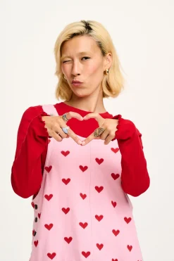 Clearance Layla - Mini Denim Dress in Pink Heart Juliet Print All Dresses & Skirts