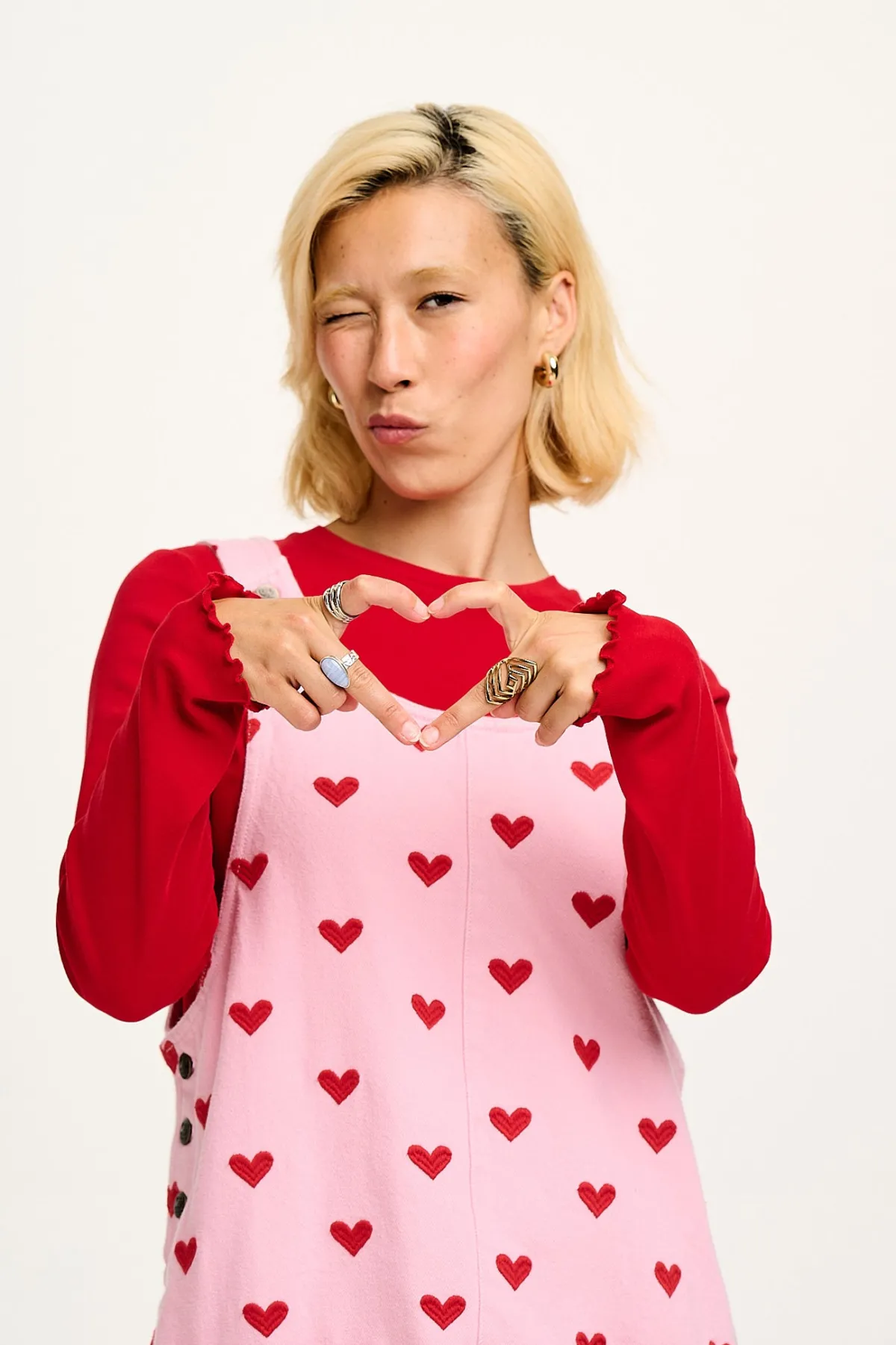 Clearance Layla - Mini Denim Dress in Pink Heart Juliet Print All Dresses & Skirts