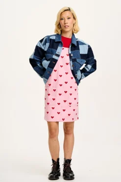 Clearance Layla - Mini Denim Dress in Pink Heart Juliet Print All Dresses & Skirts