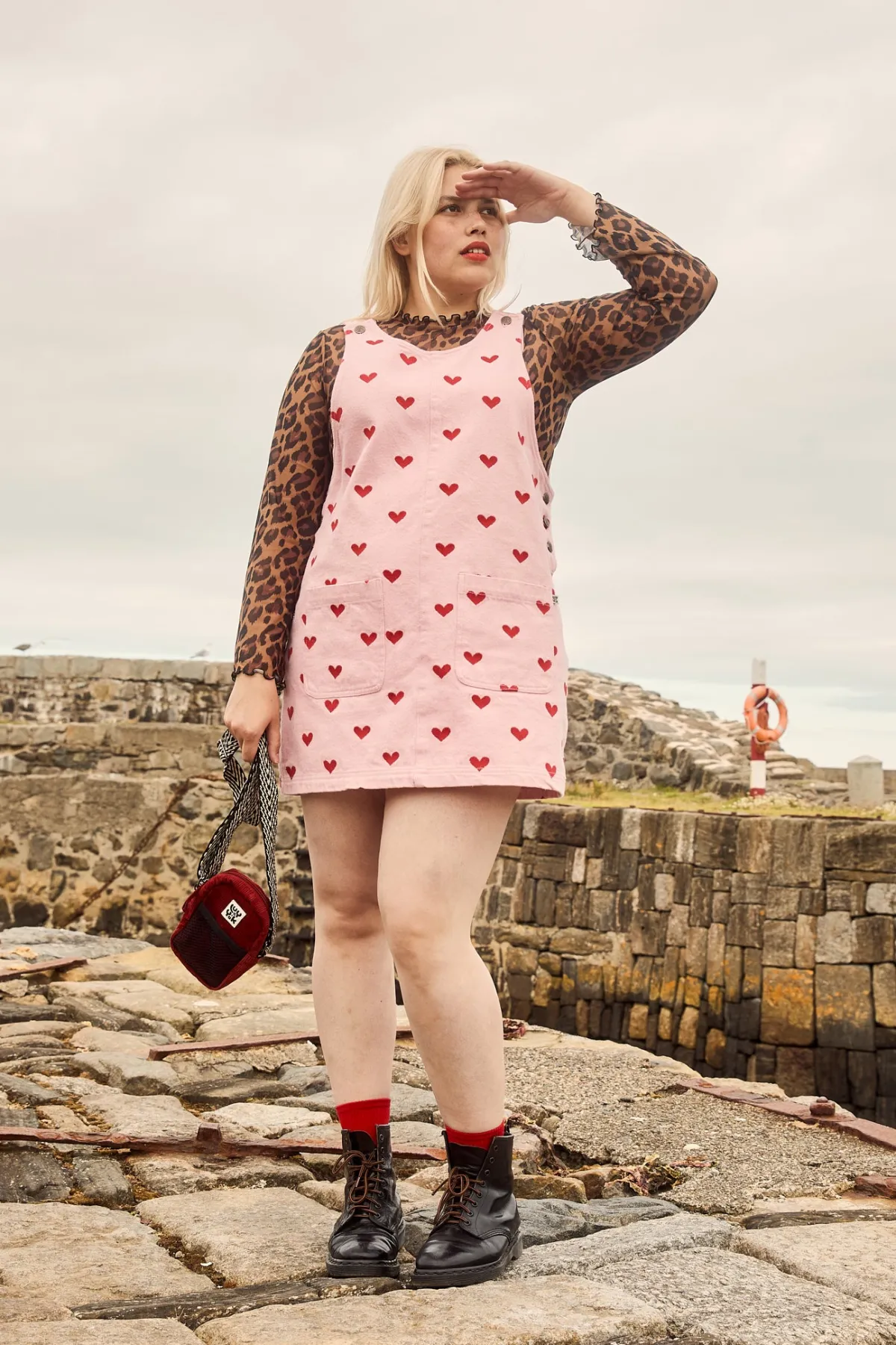 Clearance Layla - Mini Denim Dress in Pink Heart Juliet Print All Dresses & Skirts