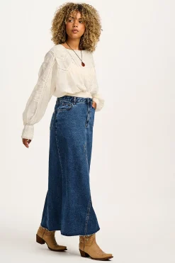 Fashion Liv - Maxi Denim Skirt in Mid Wash Blue All Bottoms|All Dresses & Skirts