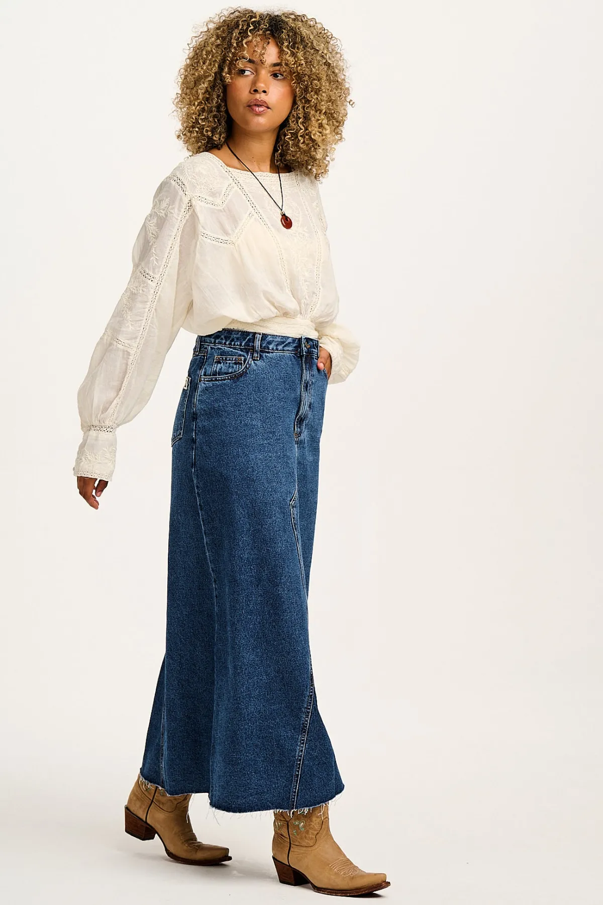 Fashion Liv - Maxi Denim Skirt in Mid Wash Blue All Bottoms|All Dresses & Skirts