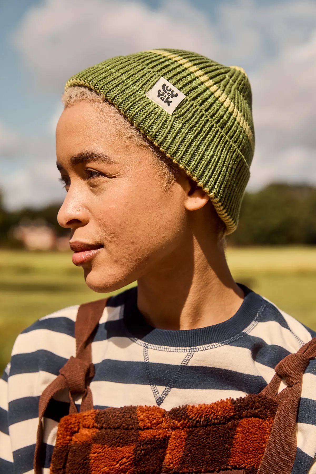 Online Luca - Cotton Beanie in Green Stripe All Accessories|Hats & Hair