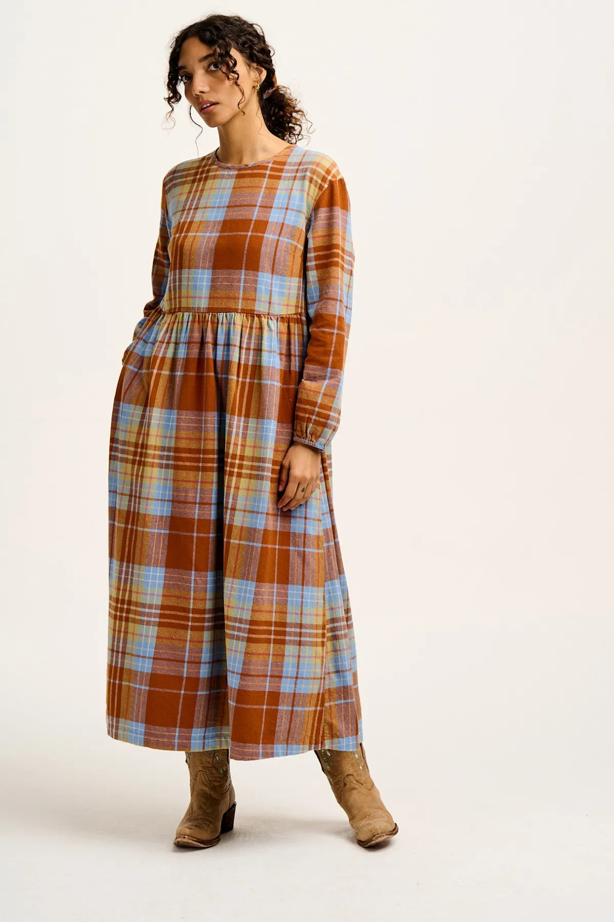 Online Maeve - Midi Dress in Brown & Blue Alastair Tartan Print All Dresses & Skirts