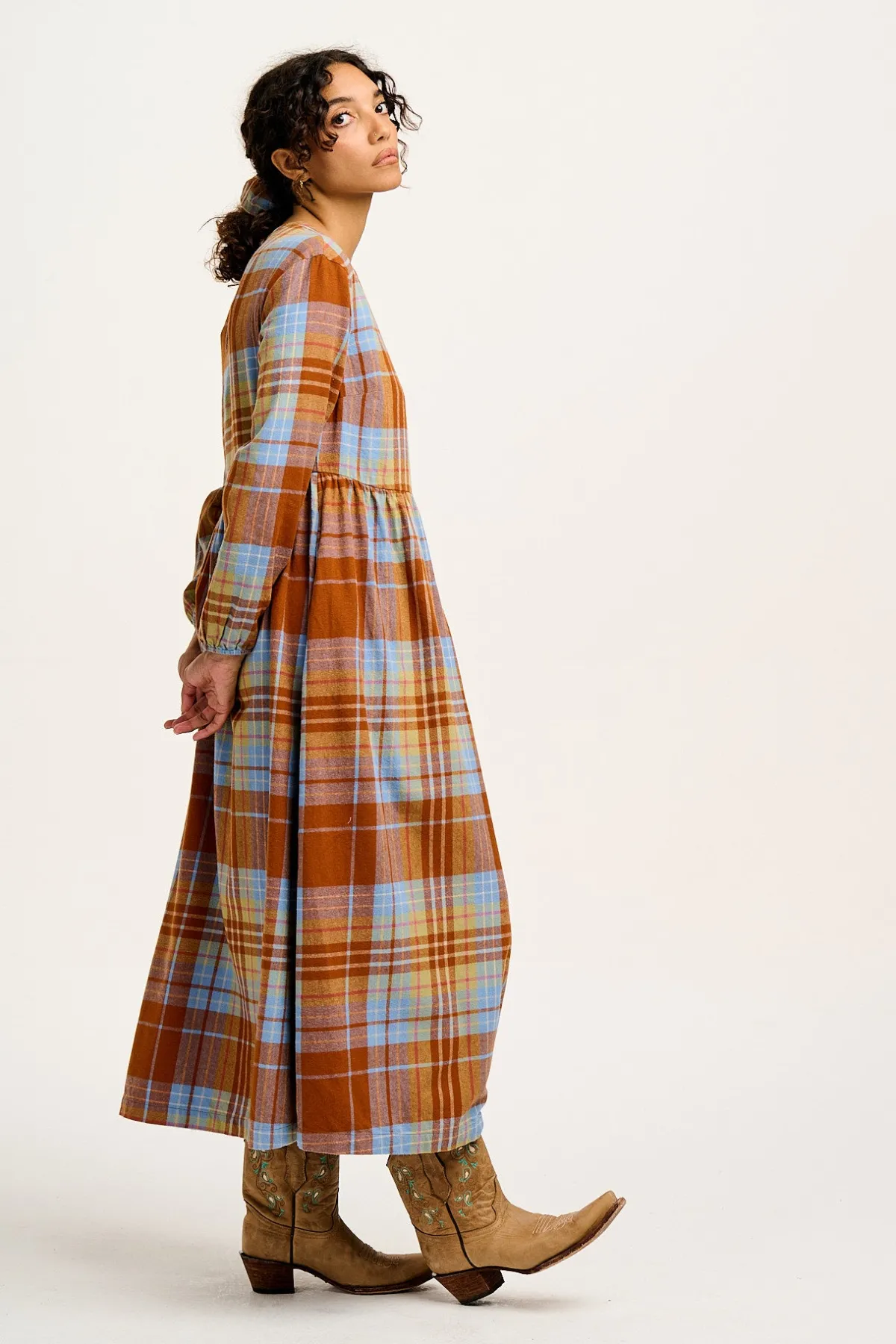 Online Maeve - Midi Dress in Brown & Blue Alastair Tartan Print All Dresses & Skirts