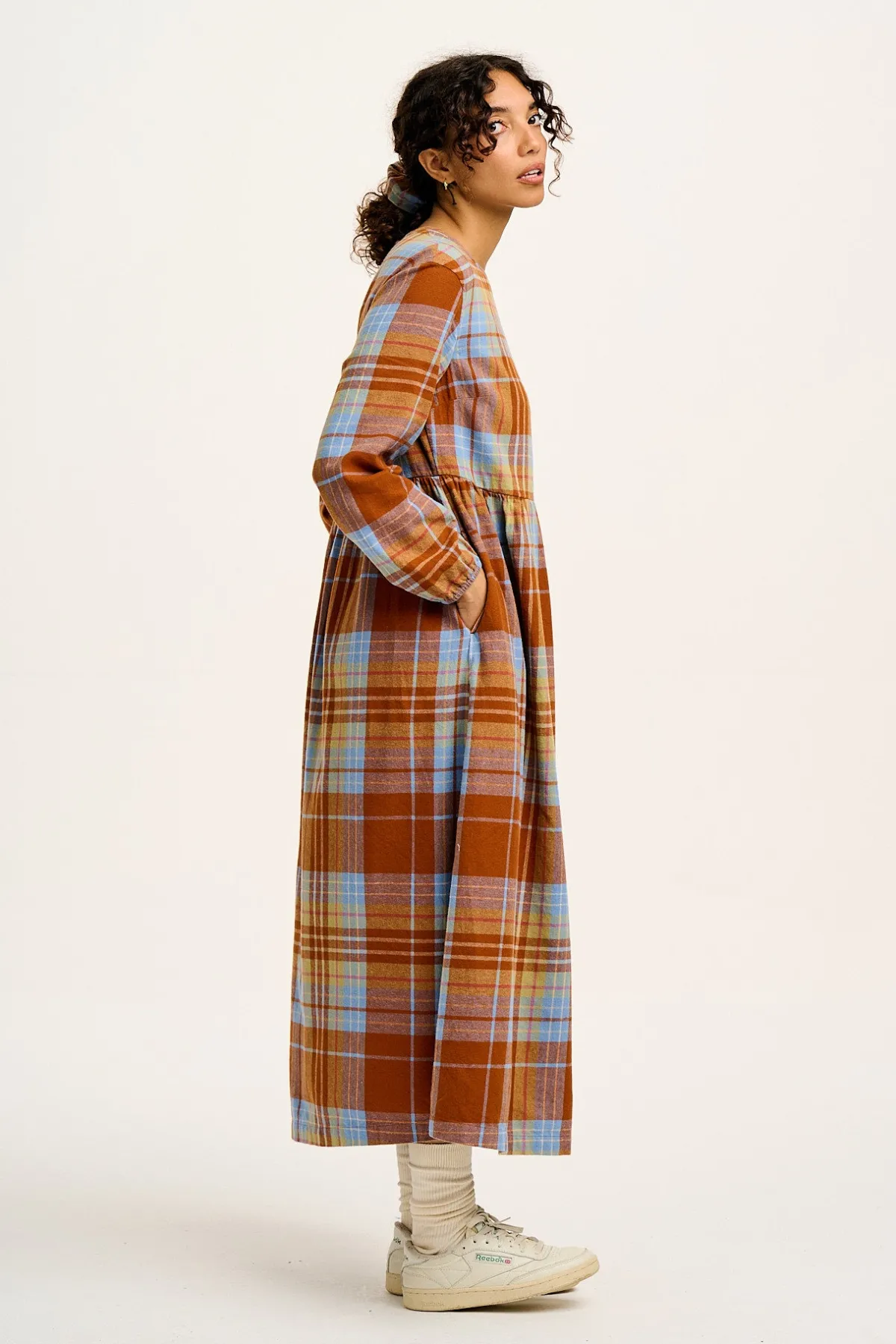 Online Maeve - Midi Dress in Brown & Blue Alastair Tartan Print All Dresses & Skirts