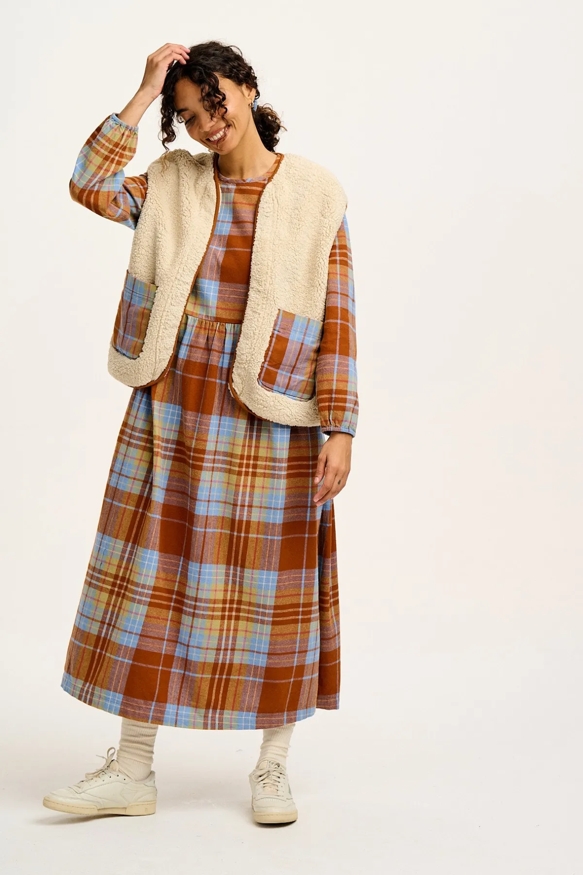 Online Maeve - Midi Dress in Brown & Blue Alastair Tartan Print All Dresses & Skirts