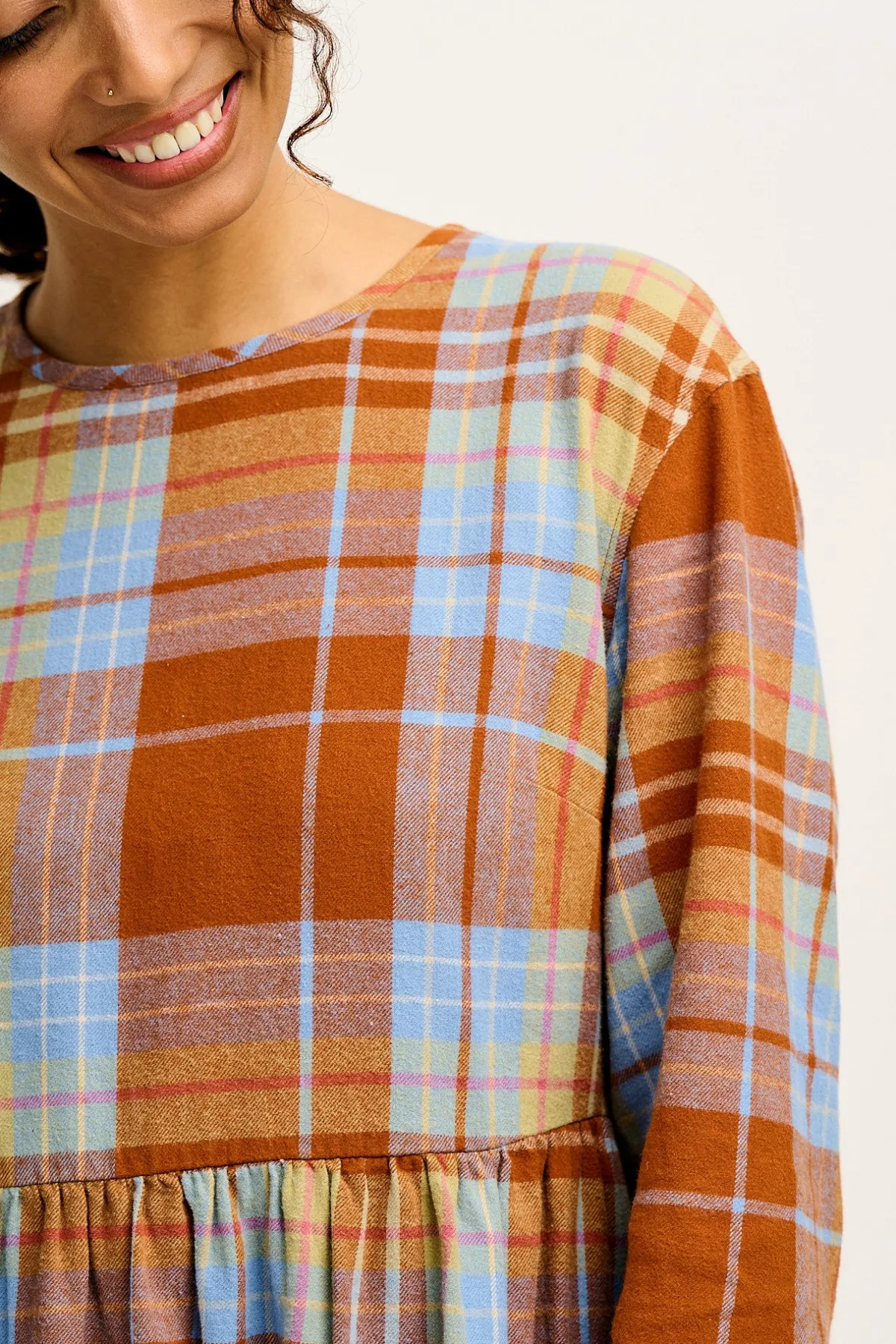 Online Maeve - Midi Dress in Brown & Blue Alastair Tartan Print All Dresses & Skirts