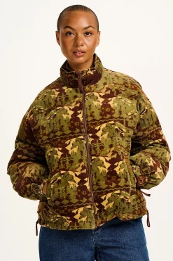 New Paloma - Corduroy Puffer Jacket in Green & Brown Nevis Print All Outerwear & Knitwear|Jackets