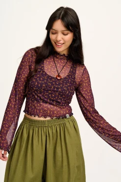 Discount Perrie - Long Sleeve Mesh Top in Purple with Belinay Print All Tops & Tees|Long Sleeve Tops