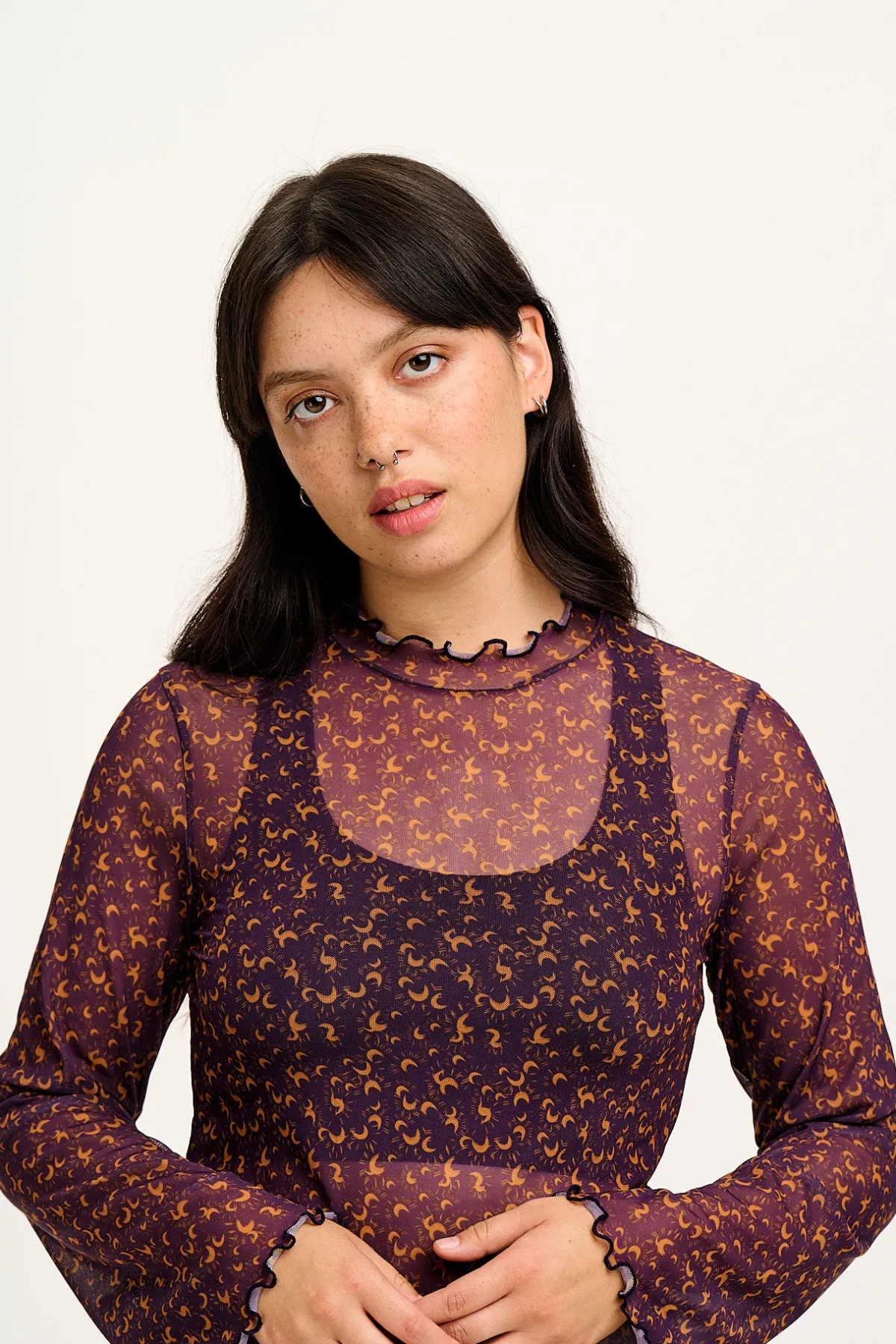 Discount Perrie - Long Sleeve Mesh Top in Purple with Belinay Print All Tops & Tees|Long Sleeve Tops