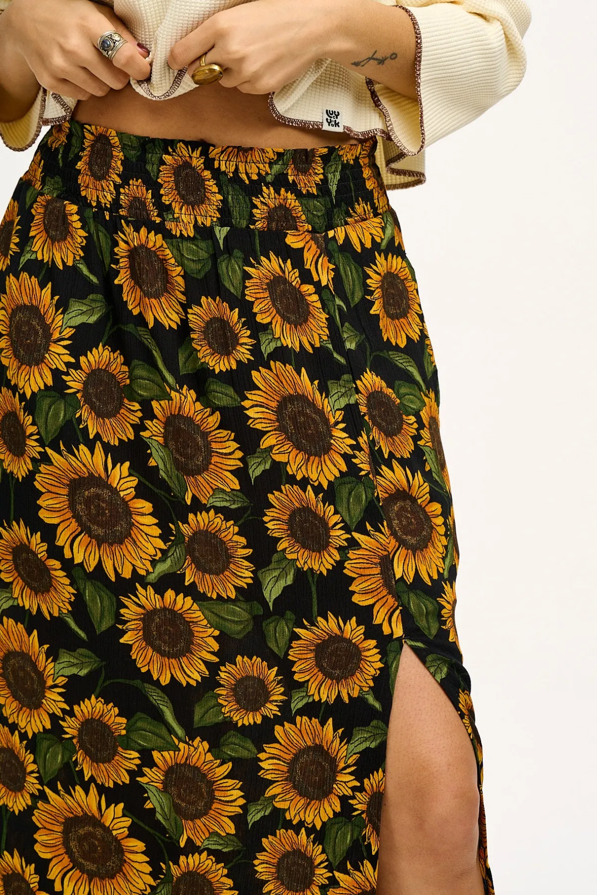 Discount Poppy - Elasticated Waist Skirt in Sunflowers Print All Bottoms|All Dresses & Skirts