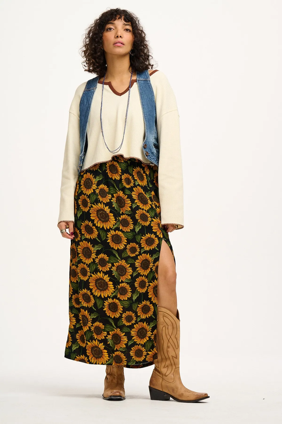 Discount Poppy - Elasticated Waist Skirt in Sunflowers Print All Bottoms|All Dresses & Skirts