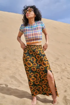 Discount Poppy - Elasticated Waist Skirt in Sunflowers Print All Bottoms|All Dresses & Skirts
