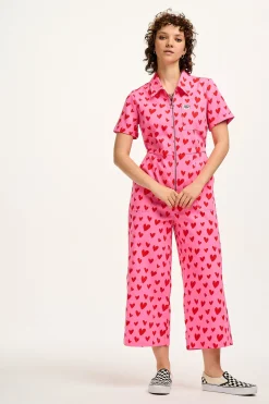 Sale Ragan - Cotton Jumpsuit in Pink Heart Cupid Print All Jumpsuits