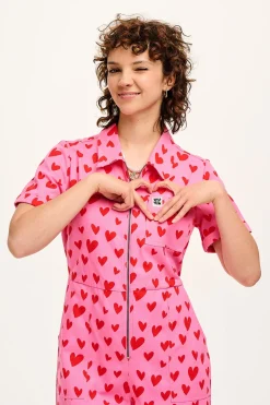 Sale Ragan - Cotton Jumpsuit in Pink Heart Cupid Print All Jumpsuits