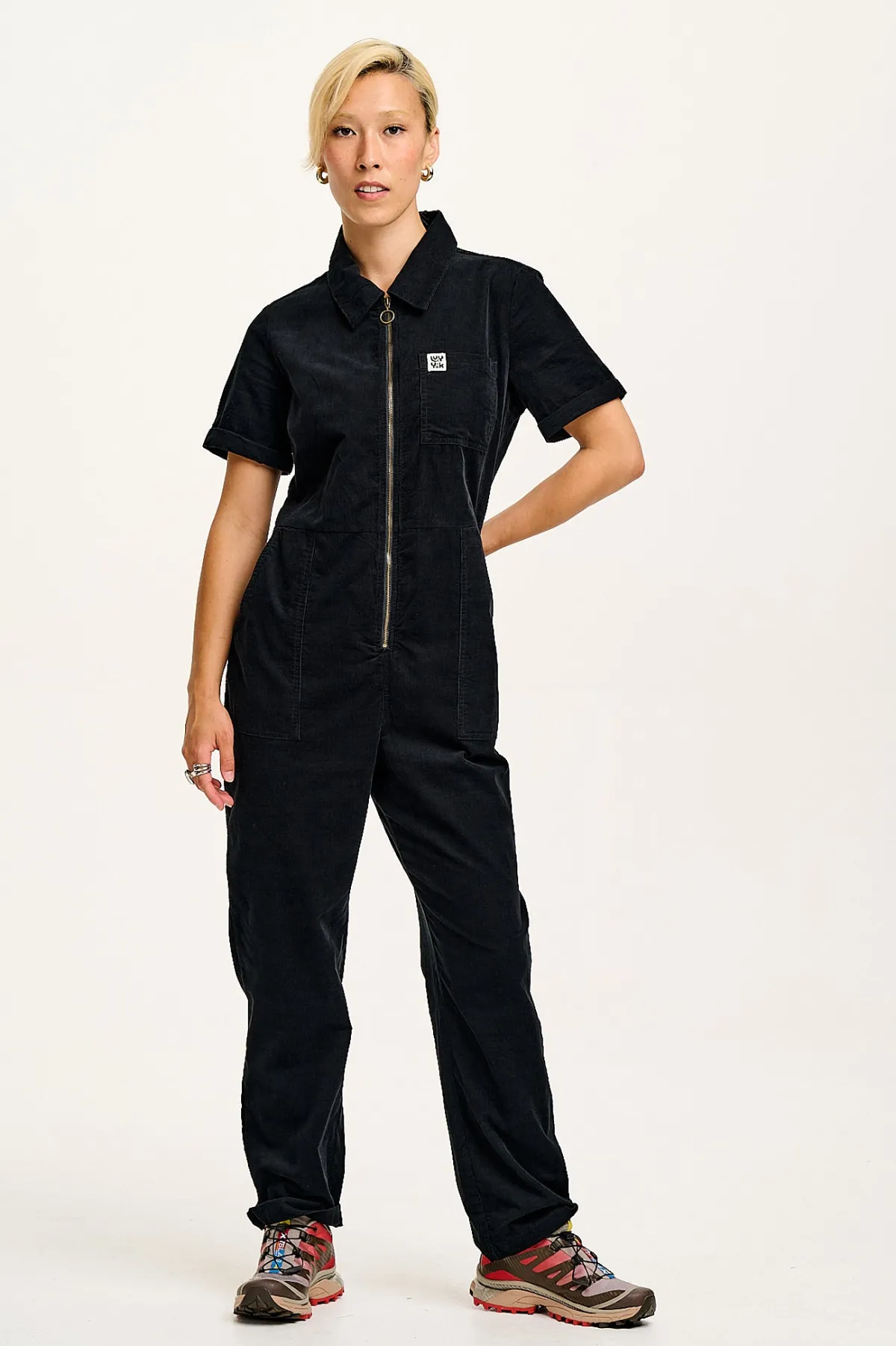 New Rex - Short Sleeve Corduroy Jumpsuit in Black All Jumpsuits|Tall Range