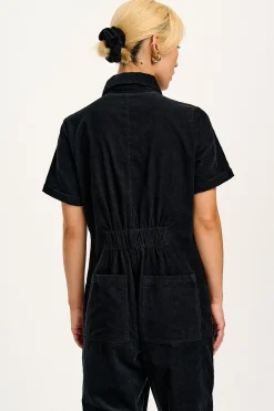 New Rex - Short Sleeve Corduroy Jumpsuit in Black All Jumpsuits|Tall Range