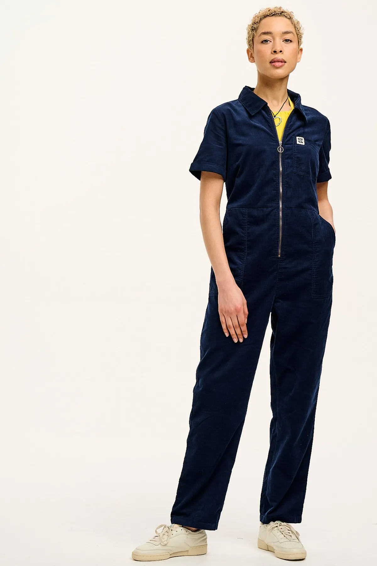 Outlet Rex - Short Sleeve Corduroy Jumpsuit in Navy Blue All Jumpsuits|Tall Range