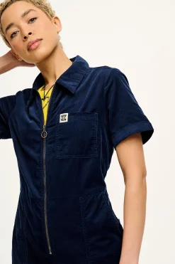 Outlet Rex - Short Sleeve Corduroy Jumpsuit in Navy Blue All Jumpsuits|Tall Range