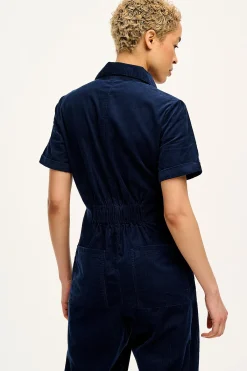 Outlet Rex - Short Sleeve Corduroy Jumpsuit in Navy Blue All Jumpsuits|Tall Range