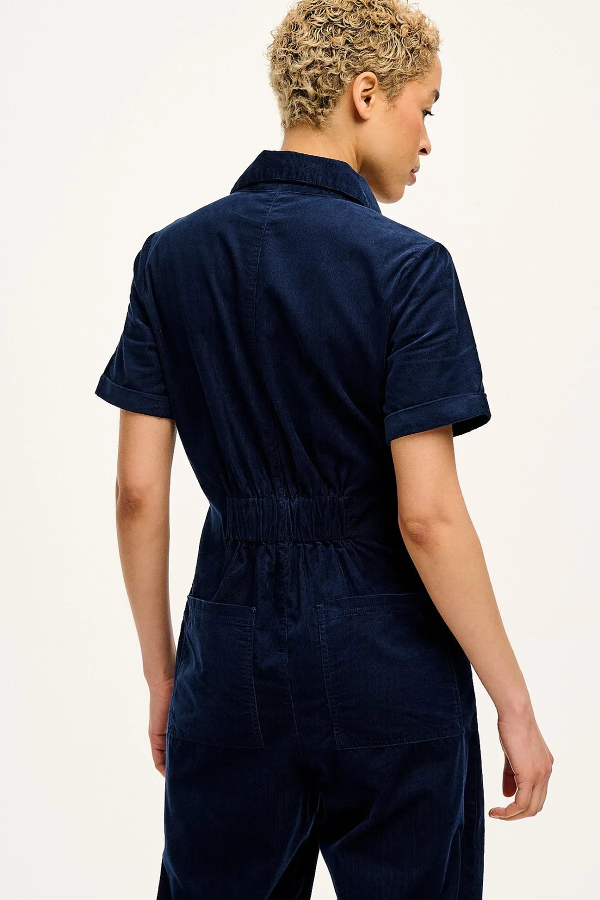 Outlet Rex - Short Sleeve Corduroy Jumpsuit in Navy Blue All Jumpsuits|Tall Range