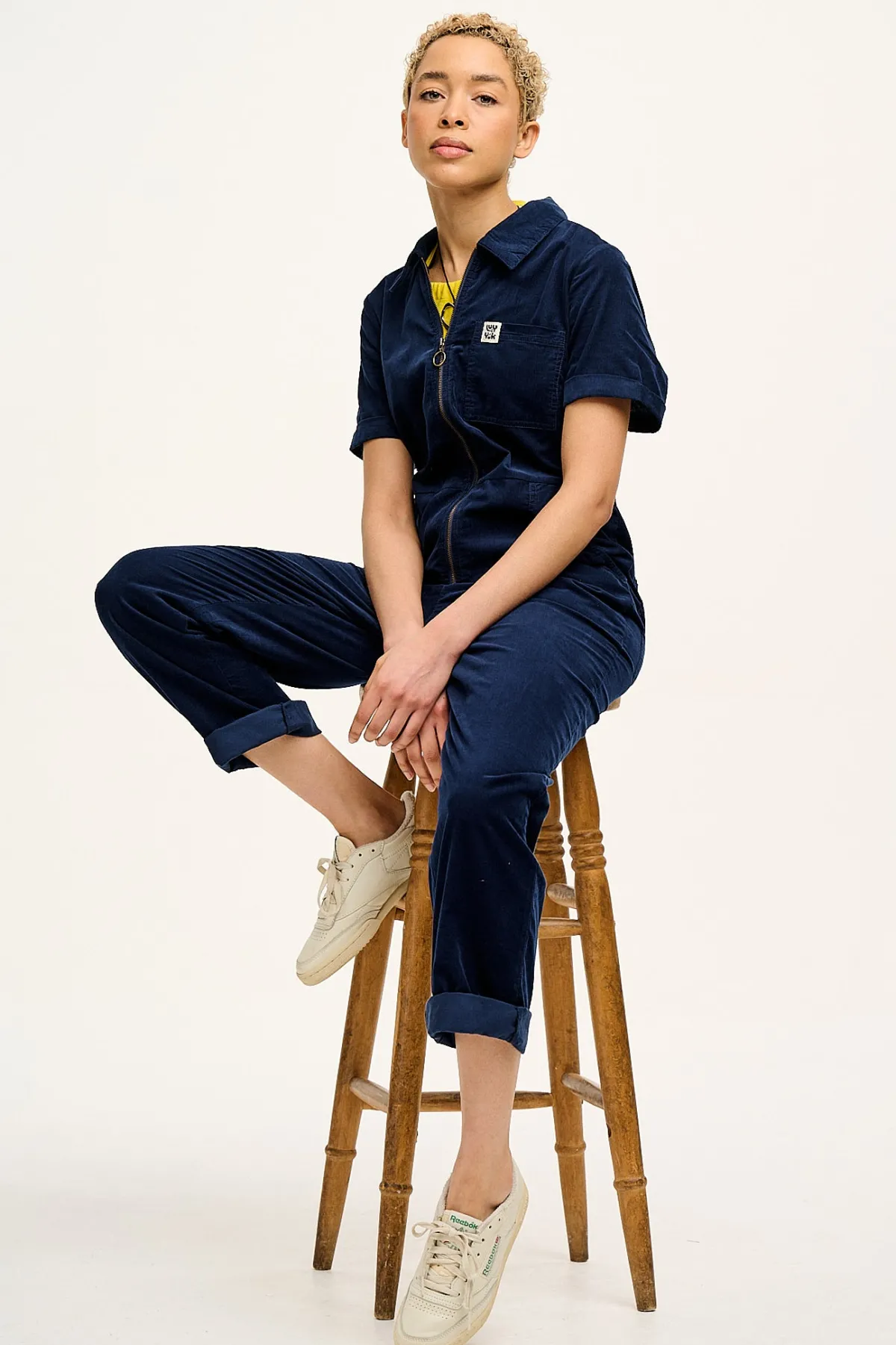 Outlet Rex - Short Sleeve Corduroy Jumpsuit in Navy Blue All Jumpsuits|Tall Range