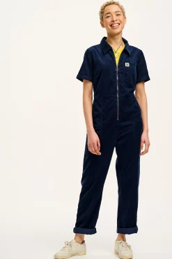 Outlet Rex - Short Sleeve Corduroy Jumpsuit in Navy Blue All Jumpsuits|Tall Range