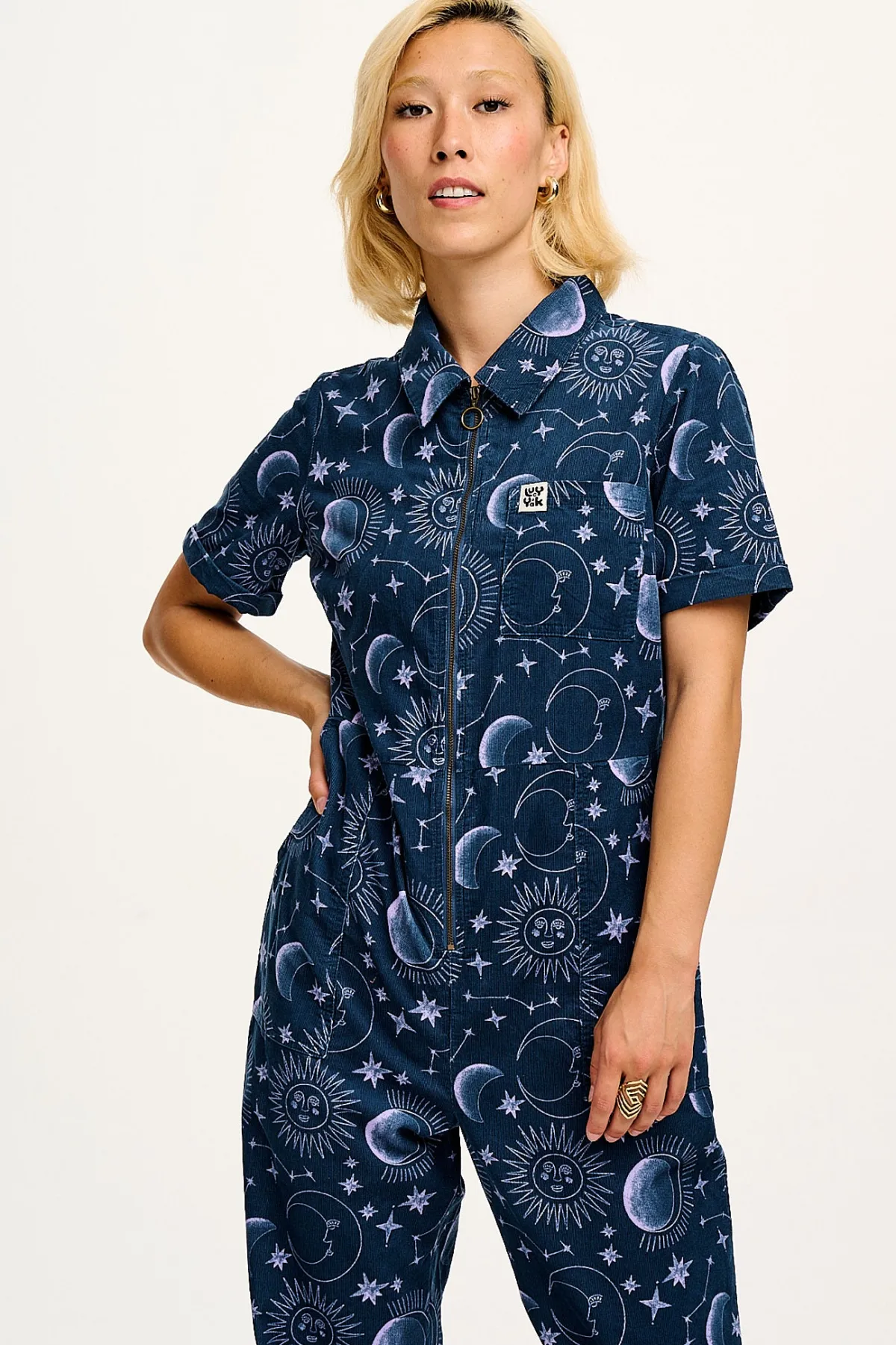 Sale Rex - Short Sleeve Corduroy Jumpsuit in Aurora Print All Jumpsuits
