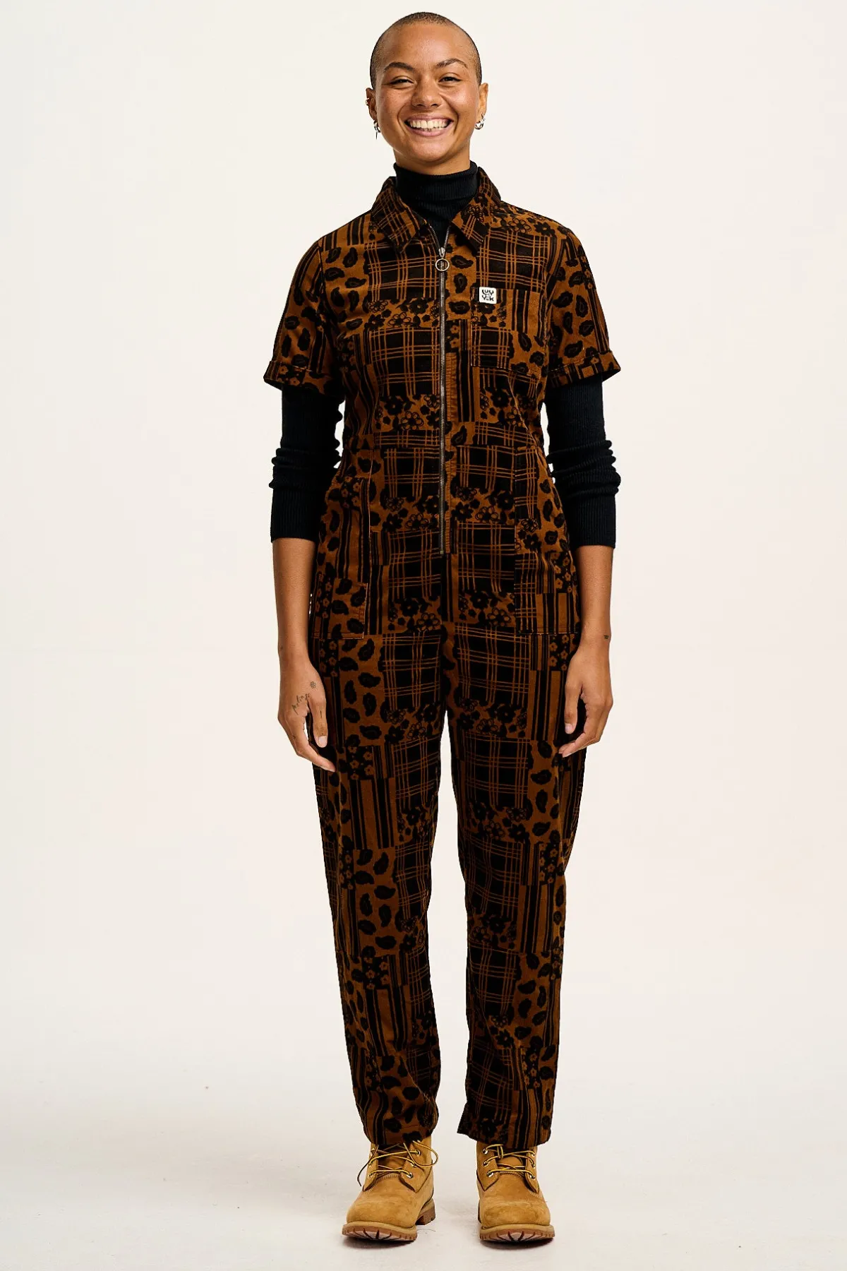 Online Rex - Short Sleeve Corduroy Jumpsuit in Brown Penny Patchwork Print All Jumpsuits