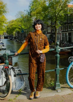 Online Rex - Short Sleeve Corduroy Jumpsuit in Brown Penny Patchwork Print All Jumpsuits