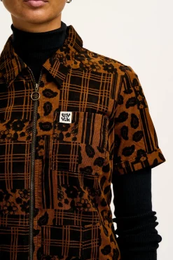 Online Rex - Short Sleeve Corduroy Jumpsuit in Brown Penny Patchwork Print All Jumpsuits