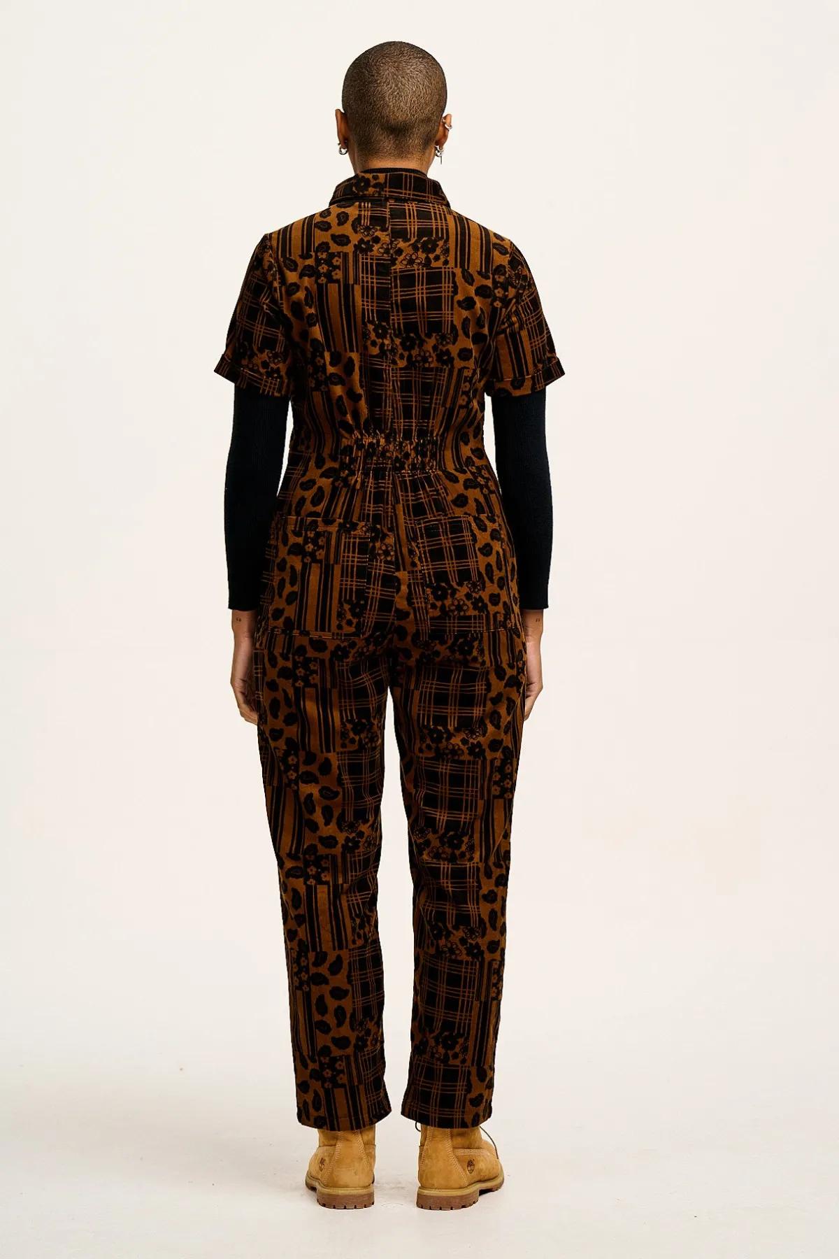 Online Rex - Short Sleeve Corduroy Jumpsuit in Brown Penny Patchwork Print All Jumpsuits