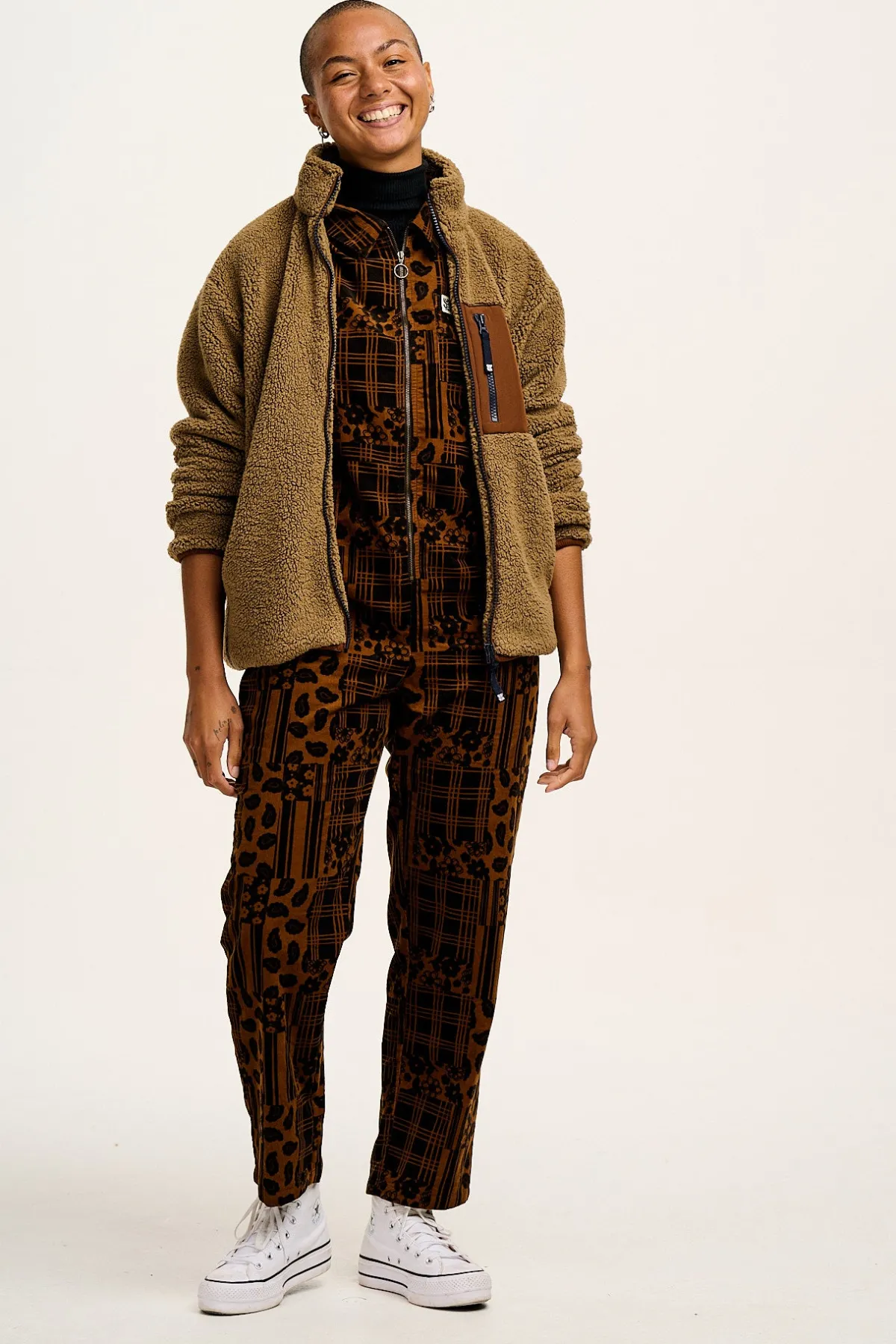 Online Rex - Short Sleeve Corduroy Jumpsuit in Brown Penny Patchwork Print All Jumpsuits